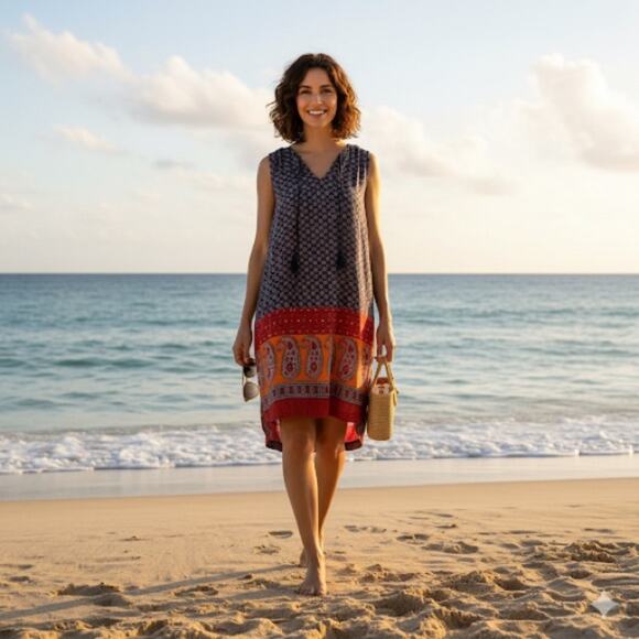 Beach Lunch Lounge Multi color Boho Shift Dress Size Small - Picture 2 of 11